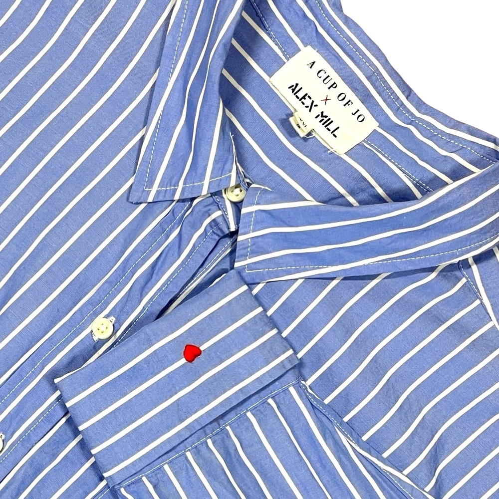 A Cup of Jo x Alex Mill Heart Sleeve Shirt Womens 3XL Blue Stripe Cotton Poplin